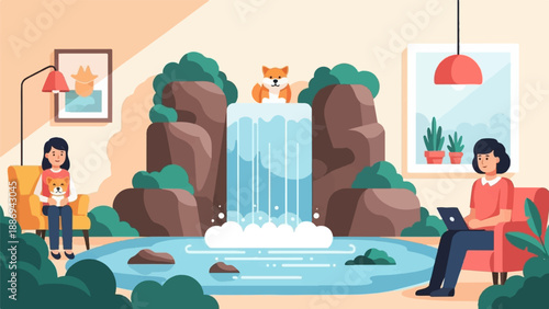 Two women and a dog enjoy a serene indoor waterfall scene with plants