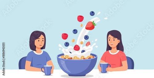 Two women enjoying a healthy breakfast with cereal and berries