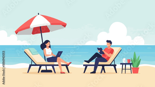 Two people working on laptops on a sunny beach under an umbrella