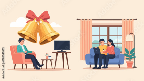 Two scenes of home life a man relaxing, a couple using a laptop, with festive bells