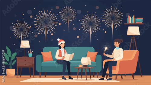 Two women enjoying a cozy indoor celebration with sparklers and fireworks