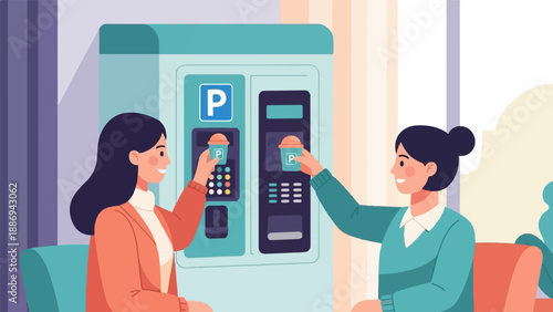 Two smiling women interacting with a parking meter, one with coffee