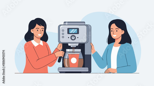 Two smiling women interact with a coffee machine, brewing a beverage for enjoyment