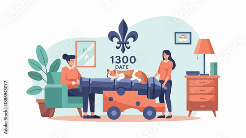 Two women and a dog by a cannon and furniture inside a room