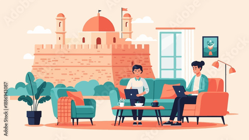 Two people work remotely from a cozy living room with a castle backdrop