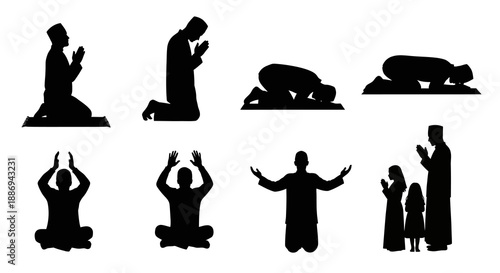 Diverse silhouettes of people praying in various postures, kneeling and standing, on a white background, Whisk vector illustration