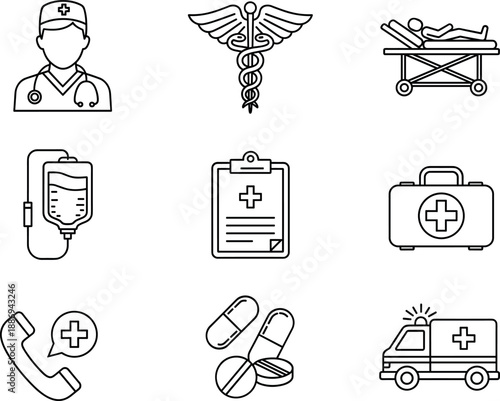 Medical and healthcare line icons set for hospital services vector set