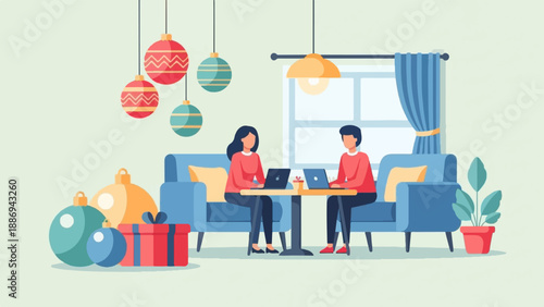 Two people work on laptops with Christmas decorations in a cozy room