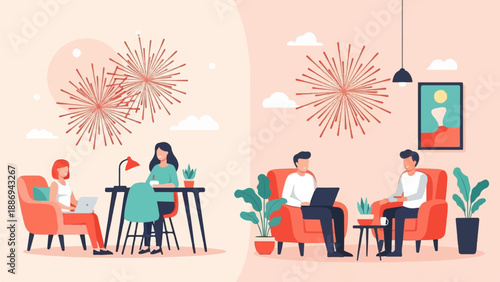 Two scenes of people working and socializing with fireworks in the background
