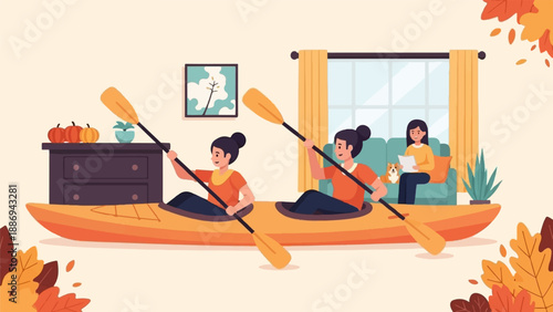 Two women paddle a kayak inside a home with autumn decor