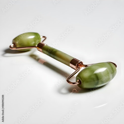 Green jade roller on white background