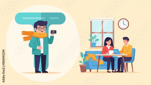 Two scenes of people, one with a camera, another working