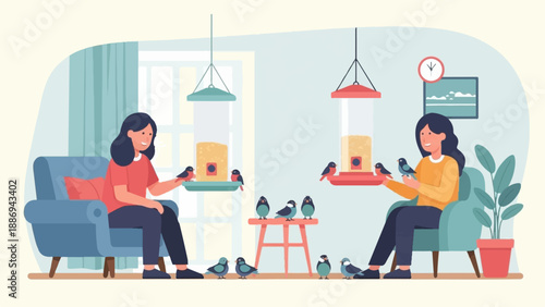 Two women feeding birds in comfortable chairs with feeders and plants