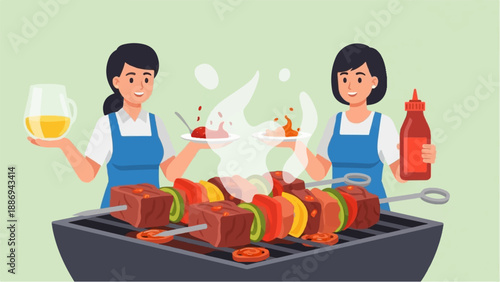 Two women preparing and serving food on a barbecue grill outdoors