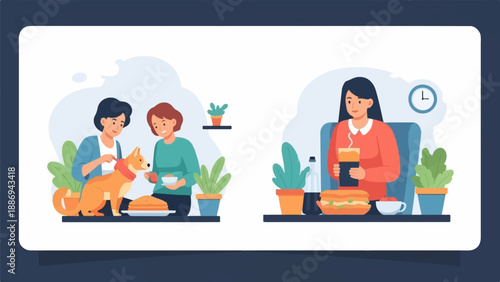 Two scenes women with dog and pancakes, and a woman with food and drink