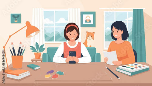 Two women and a cat in a cozy room with art supplies and a desk
