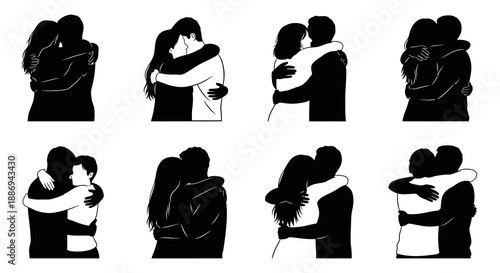 Couple Embracing in Various Romantic Illustrations from Different Viewpoints and Angles