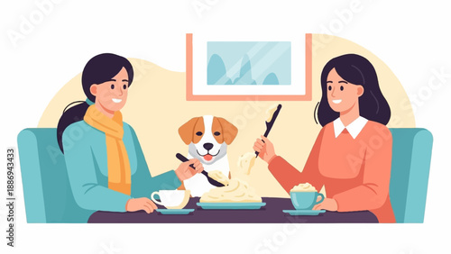 Two smiling people and a dog enjoy a meal together at a table
