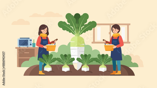 Two women harvest large radishes from a garden near a house