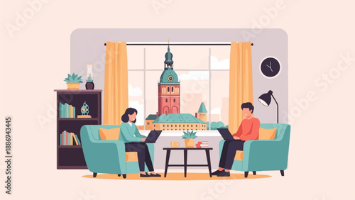 Two people work on laptops while sitting on couches in a room with a cityscape view