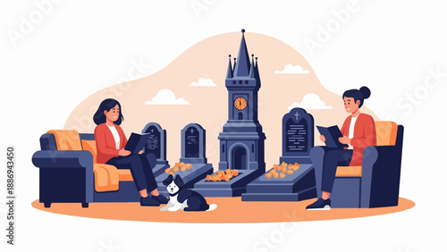 Two women read books on couches in a graveyard with a clock tower