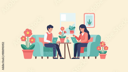 Two people working on laptops on sofas at home with plants