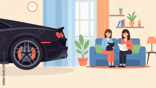 Two women read books on a sofa next to a luxury sports car