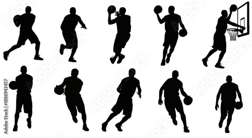 Dynamic silhouettes of basketball players in action, showcasing various movements and techniques on the court