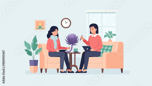 Two women having a discussion in a living room with plants