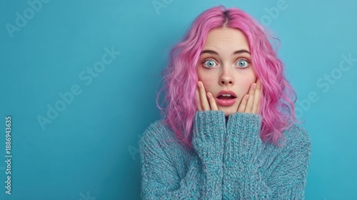 A surprised girl with pink hair, flaunting her distinctive fashion style, gazes in amazement at the blank space ideal for a Halloween card
