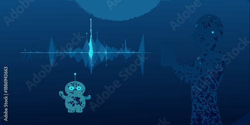 Abstract digital art featuring robots sound waves and a dark blue background