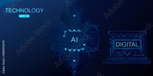 Abstract digital technology background with ai computers and glowing network connections