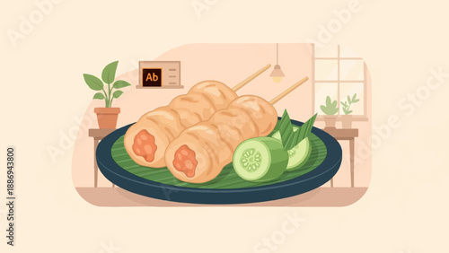 Two skewers of cooked meat rolls with cucumber slices on a plate