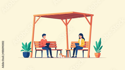 Two people work on laptops under a wooden shelter with a dog