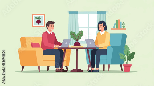 Two people working on laptops while sitting on couches in a room