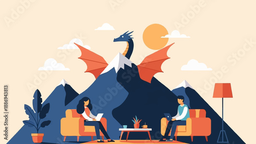 Two people work on laptops while a dragon sits atop a mountain