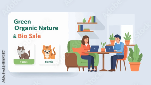 Two people work on laptops surrounded by plants in a bright, modern room