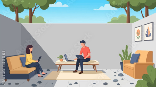 Two people work on laptops outdoors in a courtyard with plants and artwork