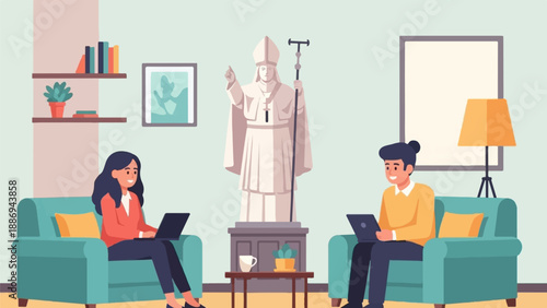 Two people work on laptops on teal couches, near a statue