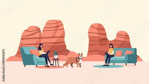 Two people work on laptops on sofas in a desert landscape with a dog