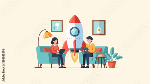 Two people work on laptops on sofas with a rocket launching in between