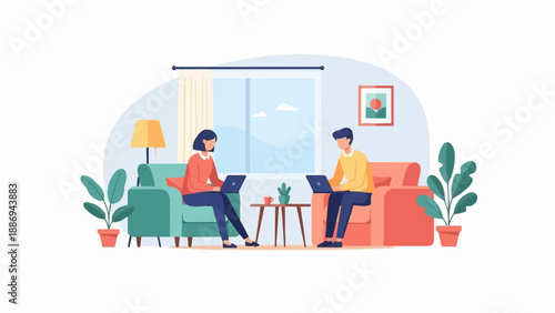 Two people work on laptops on sofas in a cozy, sunlit room