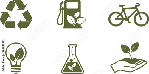 Green eco friendly environment and renewable energy vector icon set for sustainability, recycling, and ecology