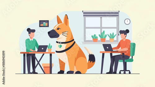 Two people working on laptops with a large dog between them