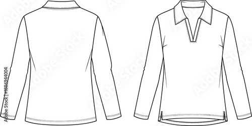 WebWomen's long sleeve V-neck polo shirt technical flat sketch vector with collar and side slits.
