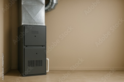 Modern residential HVAC furnace unit with metal ductwork installed in a clean beige utility room.