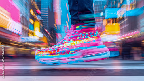 Dynamic close-up of futuristic sneaker with vibrant digital glitch pattern, captured mid-air against neon motion blur of high-speed city street.