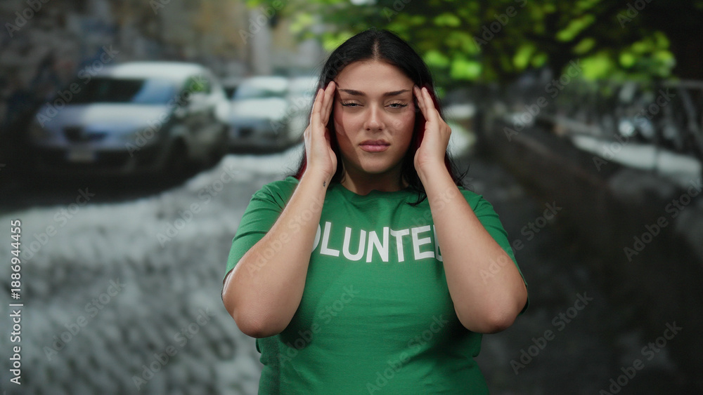 Fototapeta premium Young woman wearing green volunteer t-shirt feeling headache while standing outdoors on a city street with blurred cars and trees in the background.