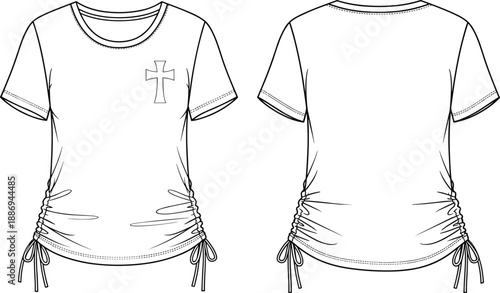 Women's short sleeve t-shirt technical flat sketch vector with side drawstring ruching and cross detail.