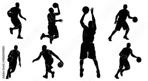 Dynamic silhouettes of basketball players in action, showcasing various movements and techniques on the court from different viewpoints, energetic athleticism